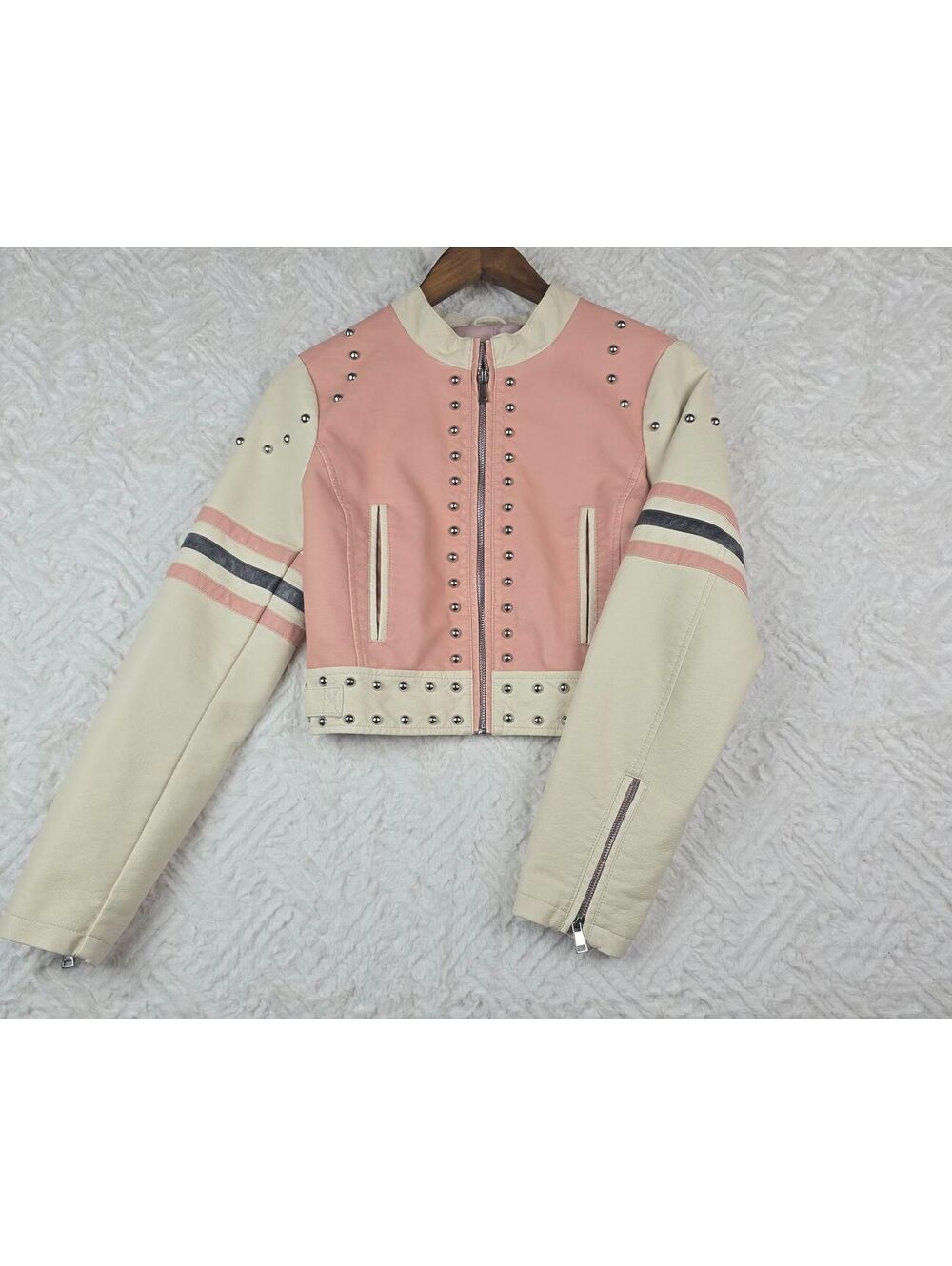 Urban Outfitters Pink Cream Studded Cropped Moto Jacket Women's XS - Picture 2 of 9